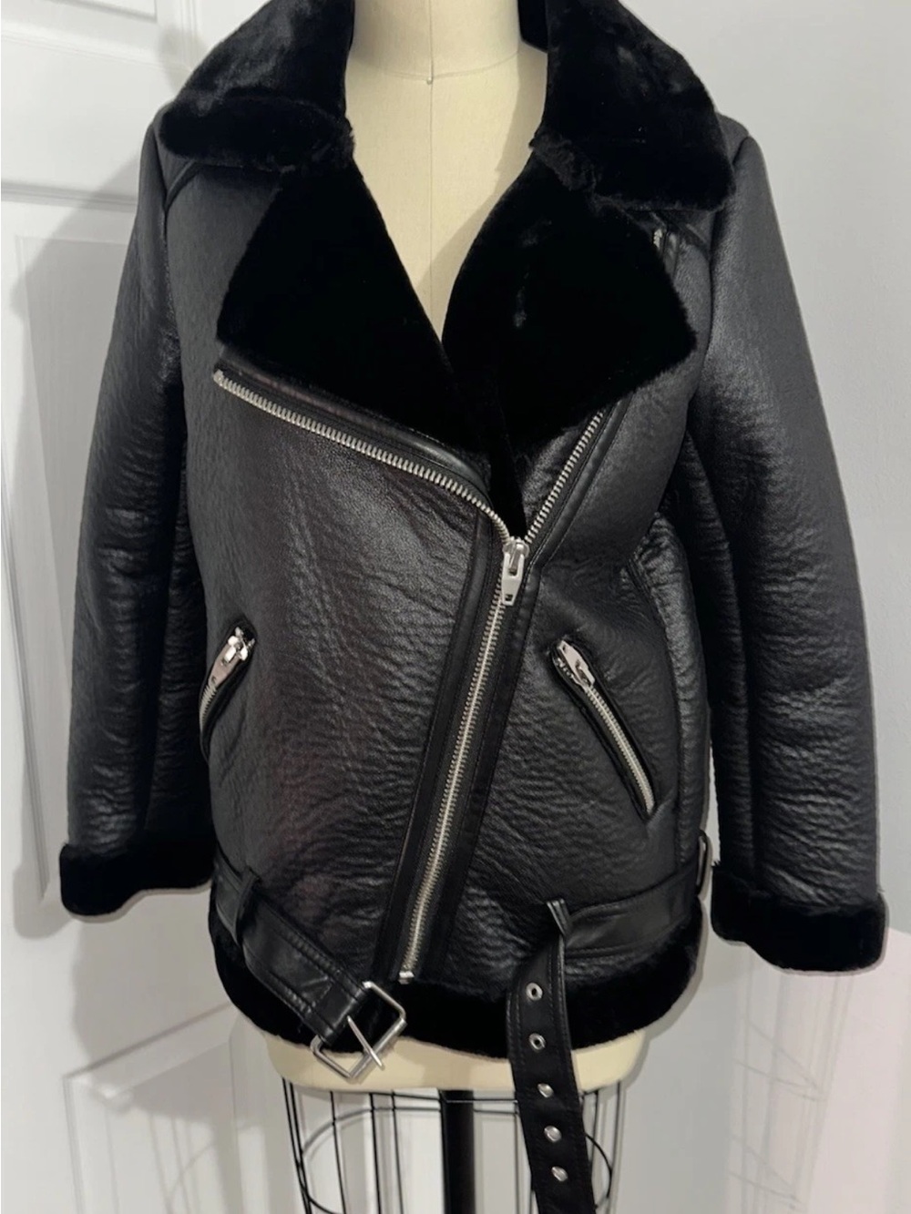 H&M Black Faux Shearling Moto Jacket